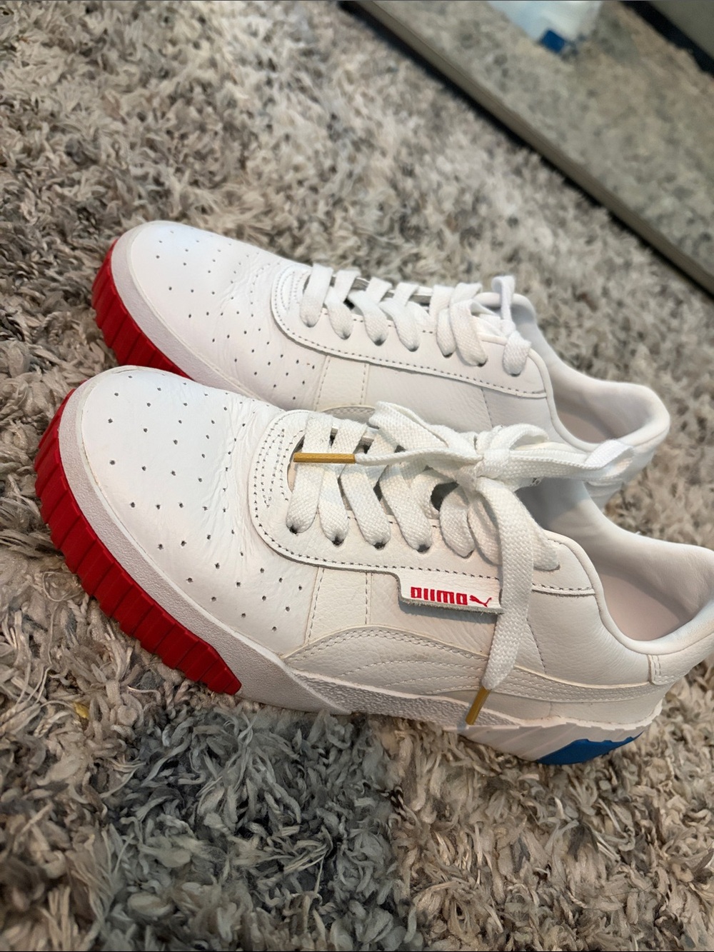 Puma White Leather Low-Top Sneakers with Red and Blue Accents